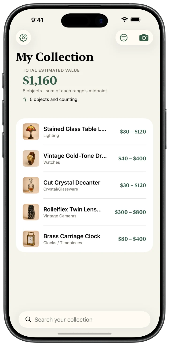 The Kist collection screen with five saved objects and a total estimated value