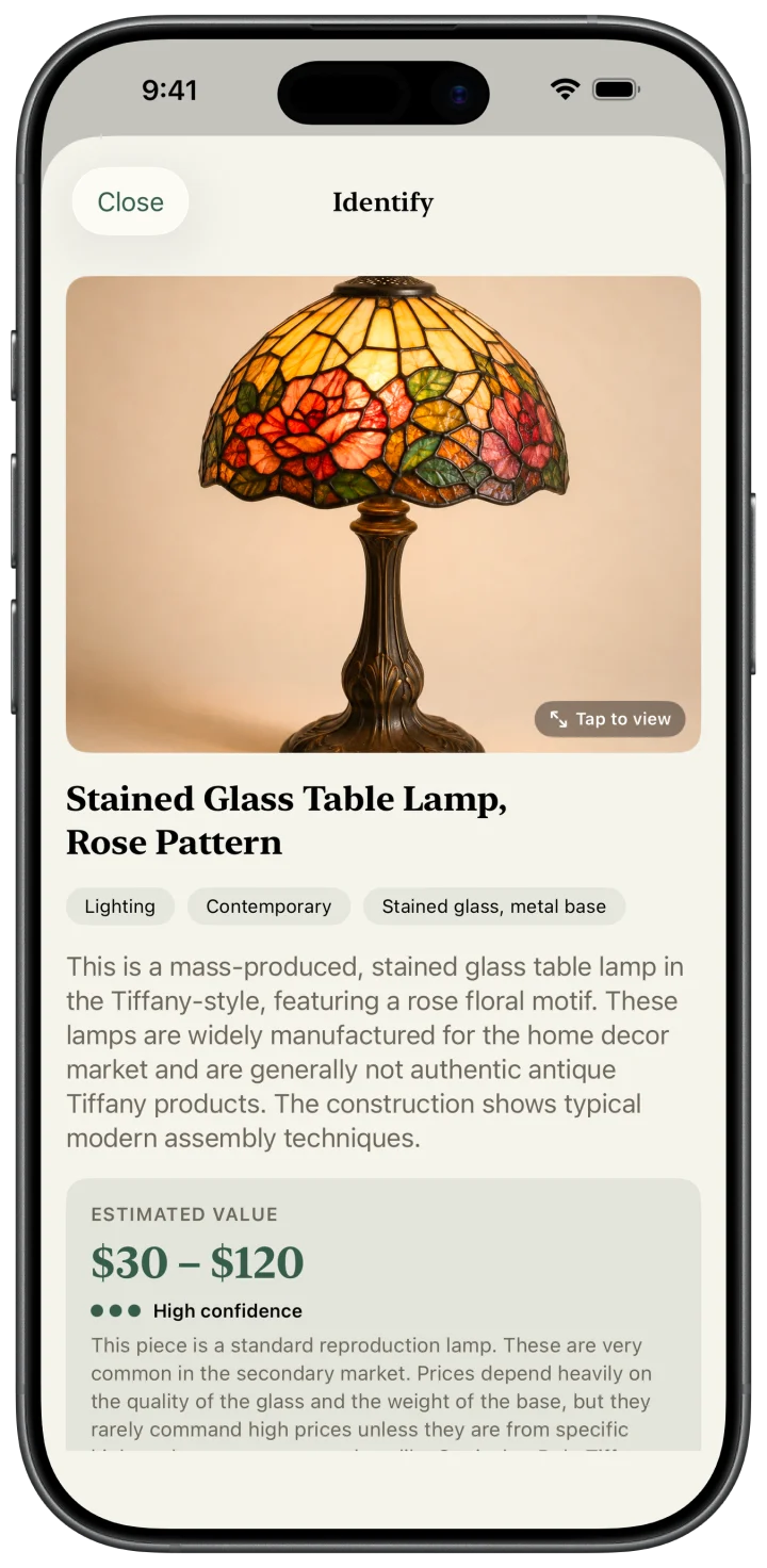 Kist on iPhone identifying a stained glass table lamp