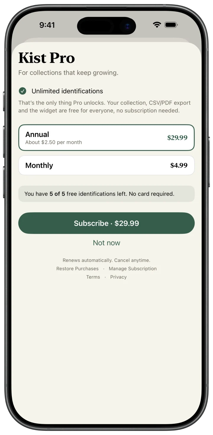 The Kist paywall showing the free tier, the yearly price and a visible cancel link